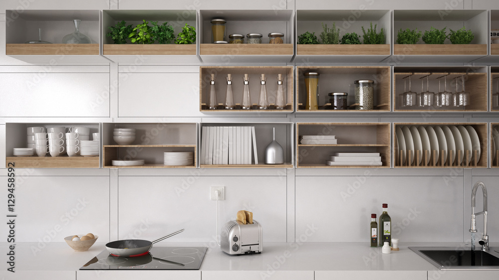 Scandinavian white kitchen, shelving system, minimalistic interi Scandinavian white kitchen, shelving system, minimalistic interi