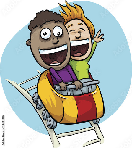 A cartoon boy and girl enjoying a ride on a rollercoaster as they pass the top and begin to descend.