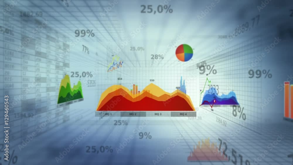 Background with business, financial data and diagrams. Dolly in. Loopable. White