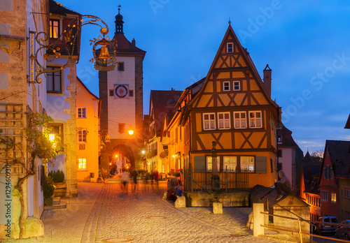 illuminated night street in Rothenburg ob der Tauber  Germany