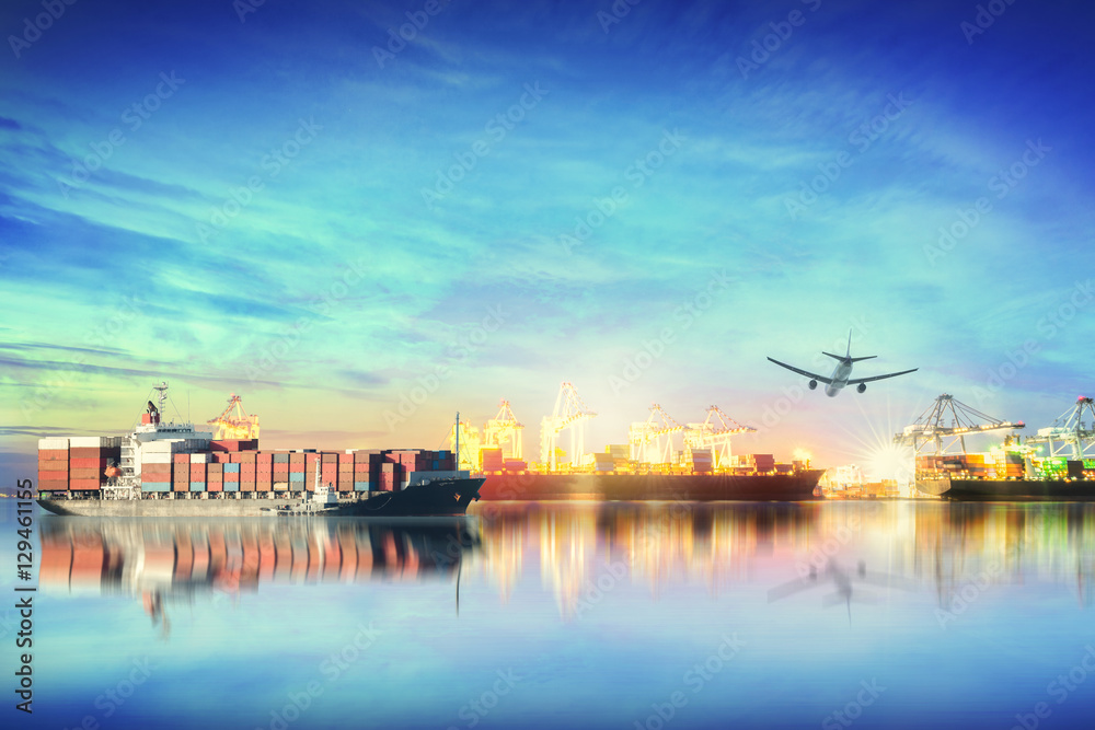 Logistics and transportation of international container cargo ship and cargo plane with ports crane bridge in harbor at sunset sky for logistics import export background and transport industry.