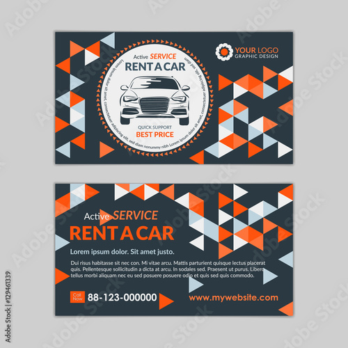 Rent a car business card template with abstract geometry pattern triangle backgrounds. Auto service mockup. Create your own business cards. Vector illustration.