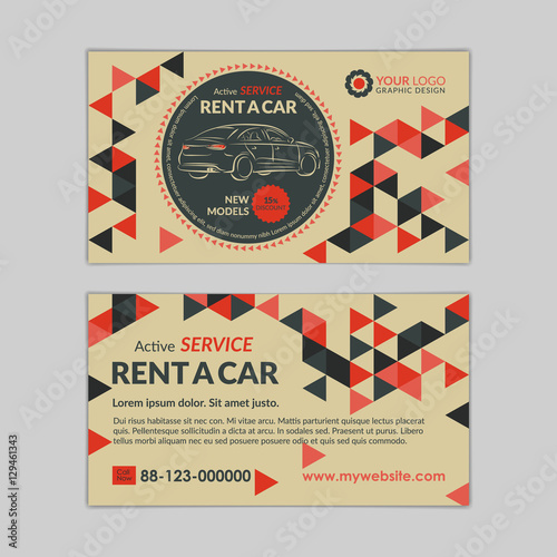 Rent a car business card template with abstract geometry pattern triangle backgrounds. Auto service mockup. Create your own business cards. Vector illustration.
