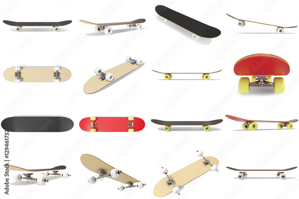 3d rendering collection, group, set of skateboards isolated on white bakcgorund. Photorealistic skateboard template