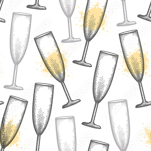 Vector seamless pattern with dotted champagne glass or flute in black and blots on the white background. Pattern in dotwork style with champagne glass for restaurant and celebration design.