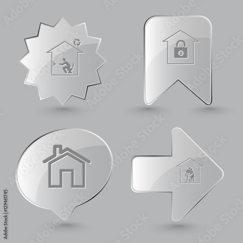 4 images: home toilet, bank, family. Home set. Glass buttons on