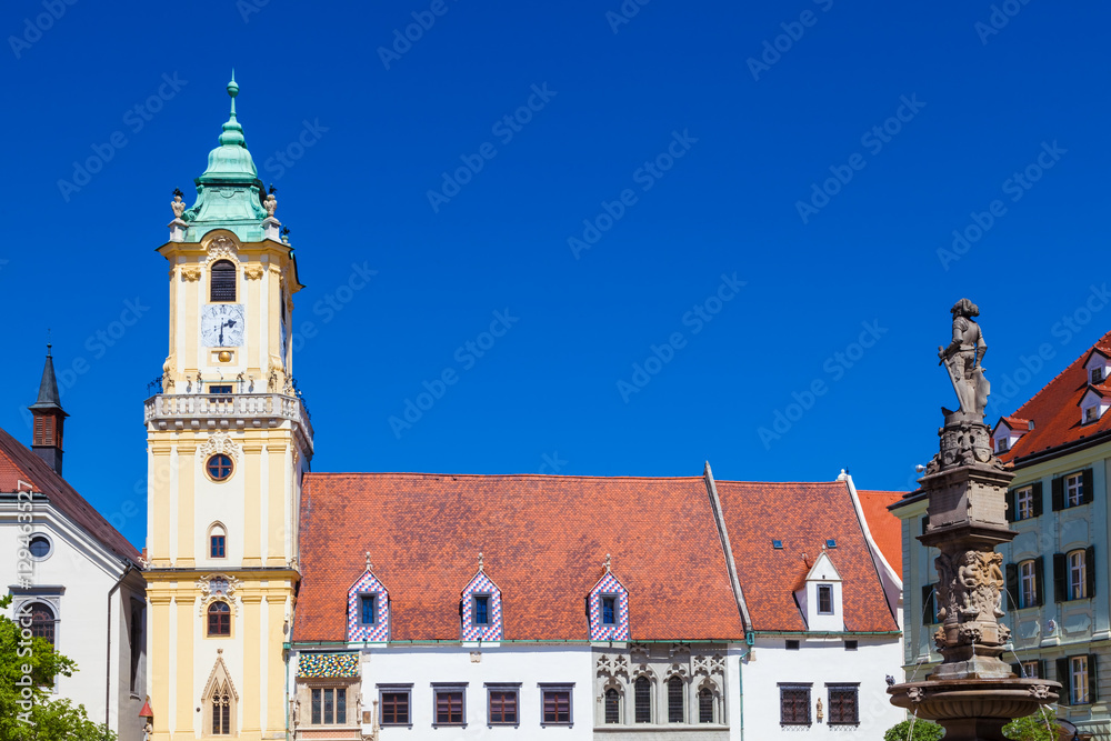 The Old Town Hall and the Roland Fountain in Bratislava, Slovakia