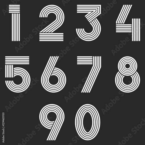 Numbers set hipster, parallel offset thin lines intersection style idea numerals typography design element for wedding invitation, mathematics logo symbols mockup