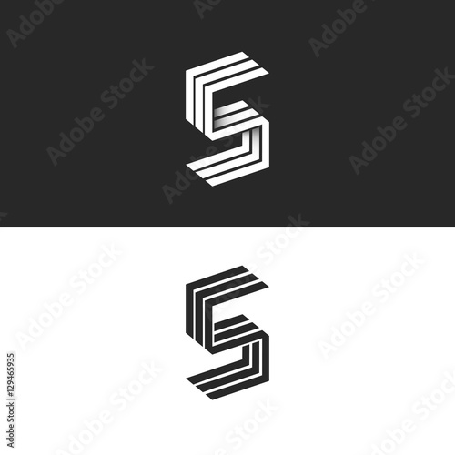 Letter S logo isometric black and white typography design element, hipster minimalistic symbols initials SSS parallel lines monogram emblem