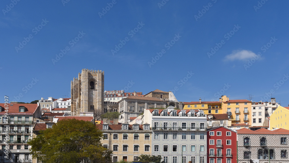 Colorful houses and cathedral in Lisbon, Portugal