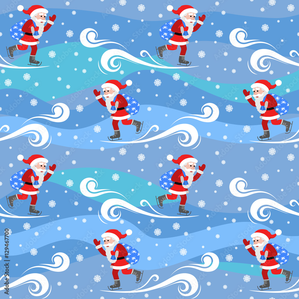 Seamless vector pattern on the theme of the new year. Santa Claus skates with a bag gifts. Seamless vector pattern on the theme of the new year. Santa Claus skates with a bag gifts.