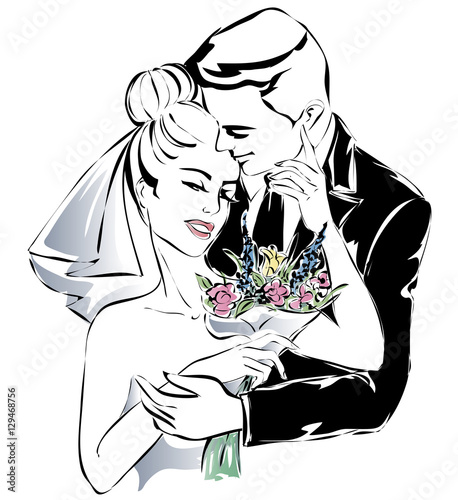 Wedding couple, happy bride and groom sketch invitation vector illustration