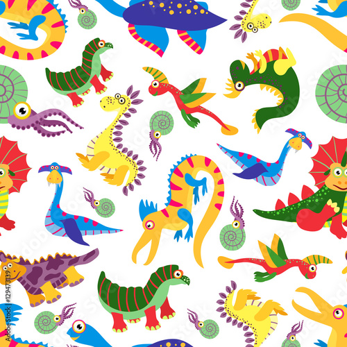 Cute baby dinosaurus pattern. Dinosaur cartoon jurassic predator vector background