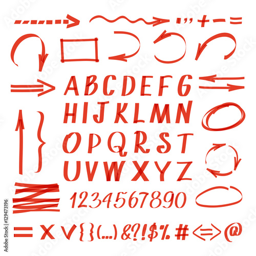 Marker hand written symbols. Vector pen line arrows and circles, letters numbers