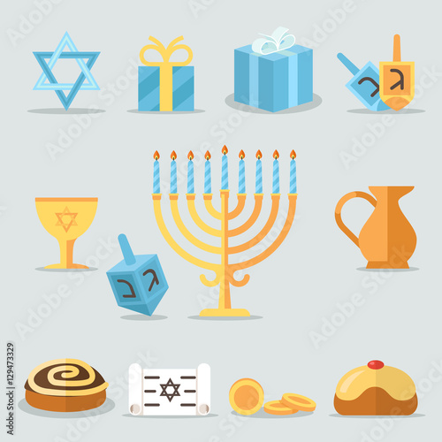 Jewish holidays hanukkah flat icons with menorah candles