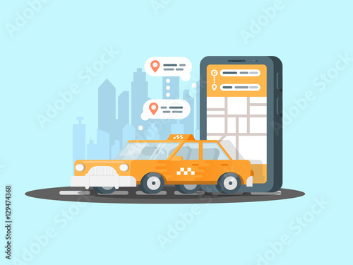 Smartphone with taxi service application on a screen and car. Mobile app for onlline taxi ordering.