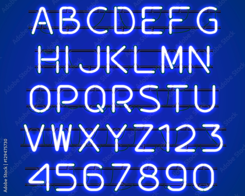 Glowing blue Neon Alphabet with letters from A to Z and digits from 0 to 9 with wires, tubes, brackets and holders. Shining and glowing neon effect. Vector illustration.