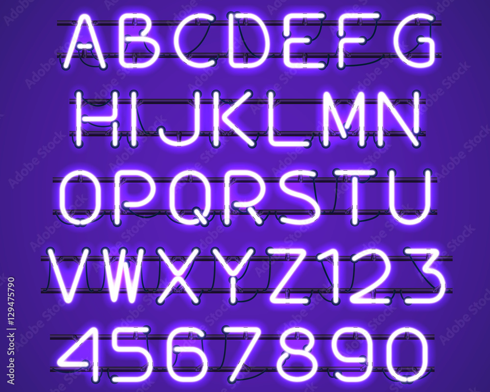 Glowing Purple Neon Alphabet with letters from A to Z and digits from 0 to 9 with wires, tubes, brackets and holders. Shining and glowing neon effect. Vector illustration.