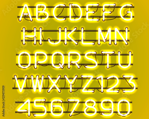 Glowing Yellow Neon Alphabet with letters from A to Z and digits from 0 to 9 with wires, tubes, brackets and holders. Shining and glowing neon effect. Vector illustration.