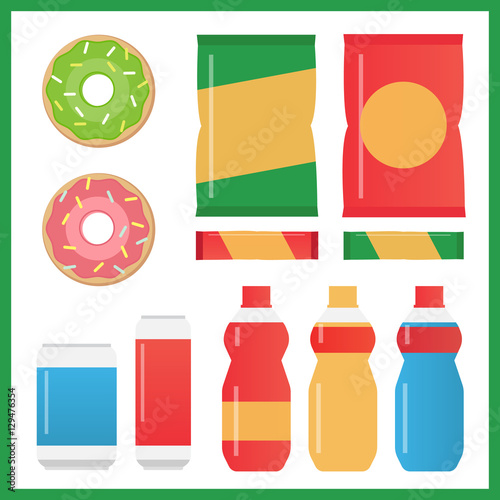Fast food snacks and drinks flat vector icons