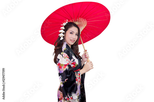 Beautiful young asian woman wearing traditional japanese kimono