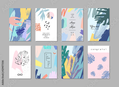 Set of creative universal floral cards in tropical style. vector