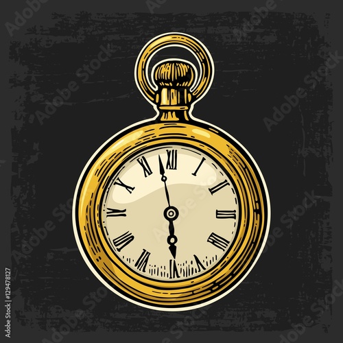 Antique pocket watch. Vector vintage color engraved illustration.