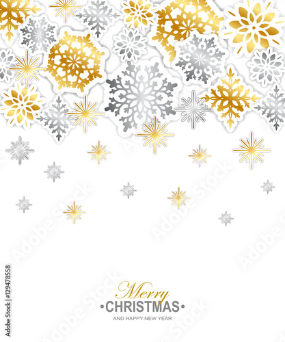 Gold and silver paper snowflakes Christmas background. Vector illustration.