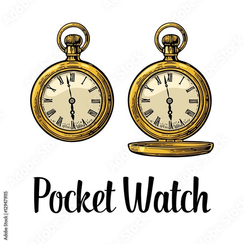 Antique pocket watch with metal lid. Vector vintage engraved illustration. Isolated on white background