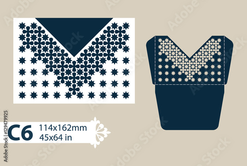 Layout congratulatory envelope with carved openwork pattern. The template for greetings, invitations, etc. Picture suitable for laser cutting, plotter cutting or printing. Vector