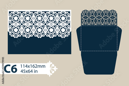 Layout congratulatory envelope with carved openwork pattern. The template for greetings, invitations, etc. Picture suitable for laser cutting, plotter cutting or printing. Vector