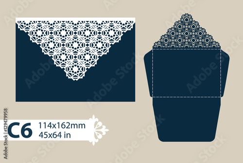 Layout congratulatory envelope with carved openwork pattern. The template for greetings, invitations, etc. Picture suitable for laser cutting, plotter cutting or printing. Vector