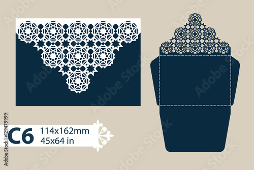 Layout congratulatory envelope with carved openwork pattern. The template for greetings, invitations, etc. Picture suitable for laser cutting, plotter cutting or printing. Vector