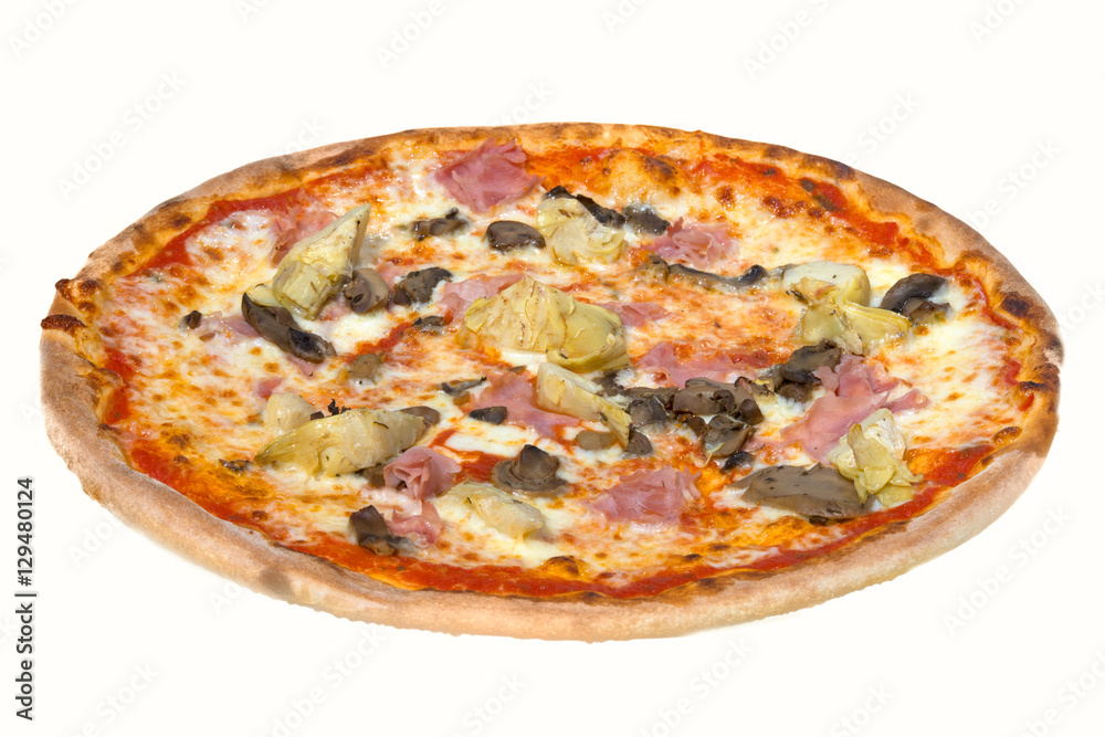Tasty italian pizza with ham, mushroom,artichok isolated on white background 