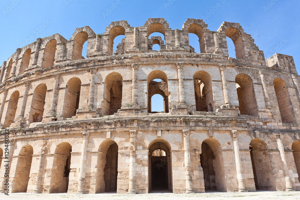 Demolished ancient walls and arches in Tunisian Amphitheatre in El Djem, Tunisia