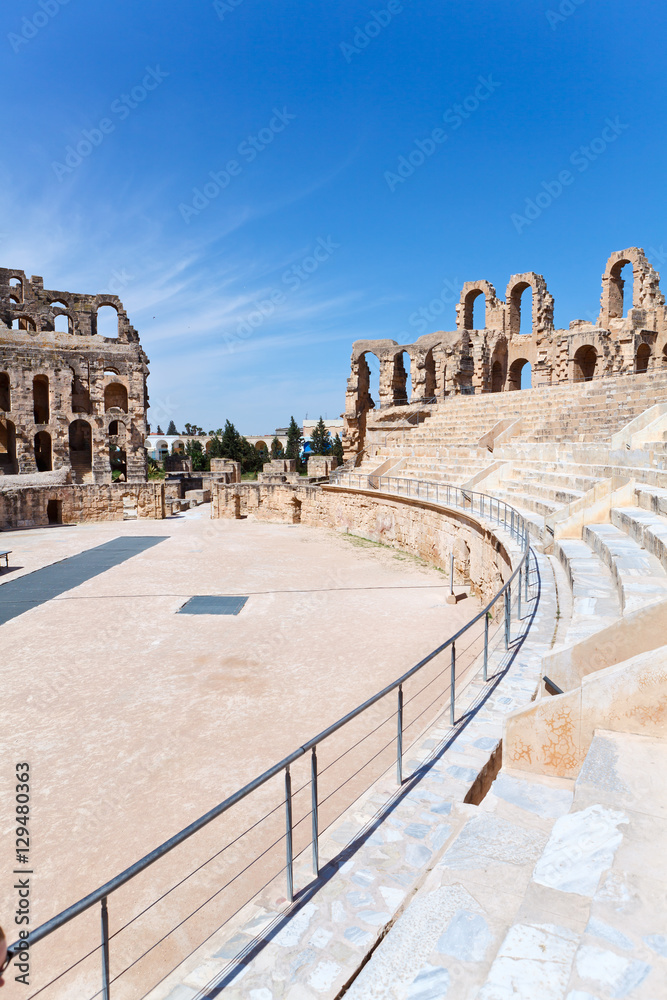 Demolished ancient seats in Tunisian Amphitheatre in El Djem, Tunisia