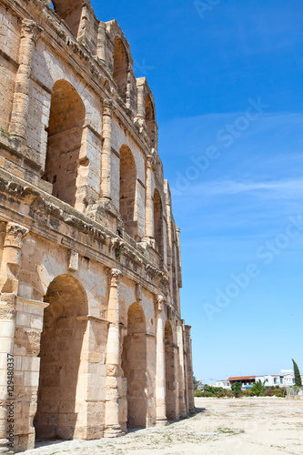Demolished ancient walls and arches in Tunisian Amphitheatre in El Djem, Tunisia