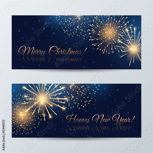 Vector set of banners for "Merry Christmas" and "Happy New Year". Holiday golden fireworks on the blue background. File contains clipping mask.