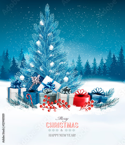 Holiday background with a blue Christmas tree and presents. Vect