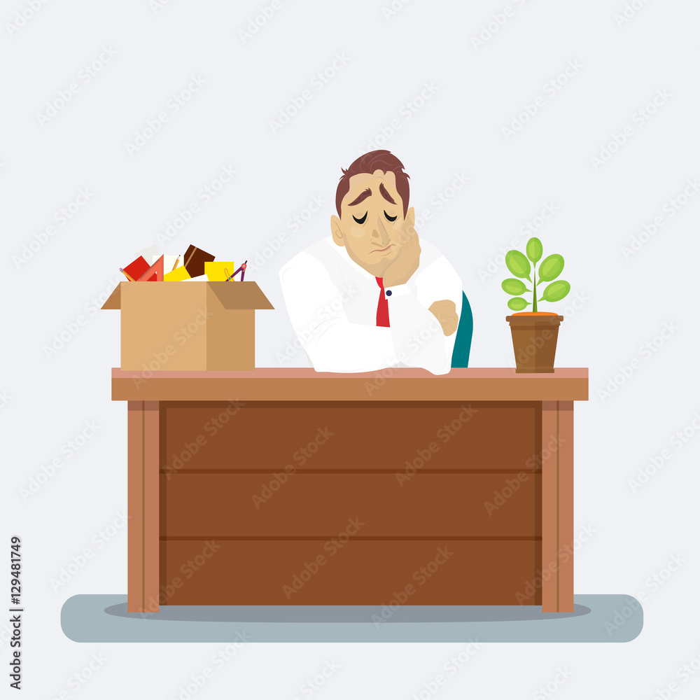 Businessman at his desk with fired box things. Employee job reduction concept vector design Businessman at his desk with fired box things. Employee job reduction concept vector design