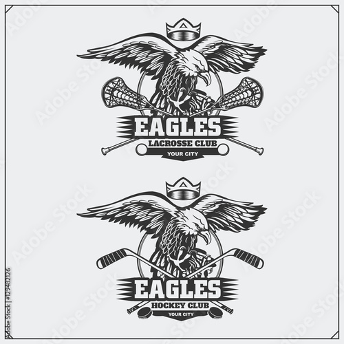 Lacrosse and hockey logos and labels. Sport club emblems with eagle.