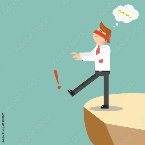 Blindfolded businessman walks off the cliff. Flat style vector illustration. Leap of faith concept.