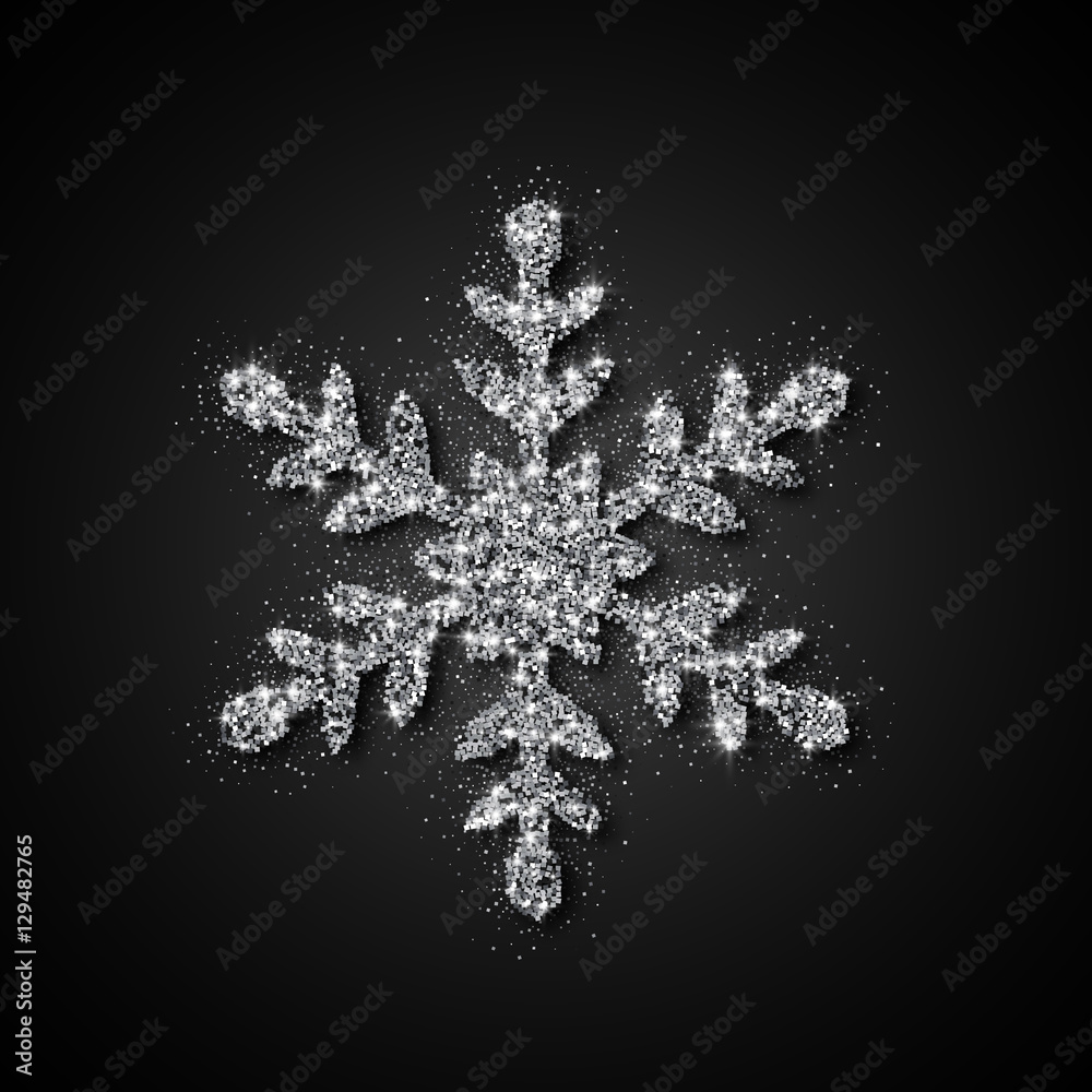 Silver Glitter Snowflake. Christmas, New Year greeting card. Vector Illustration