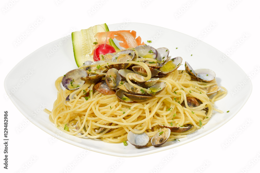 spaghetti with clams and parsley isolated on white with 