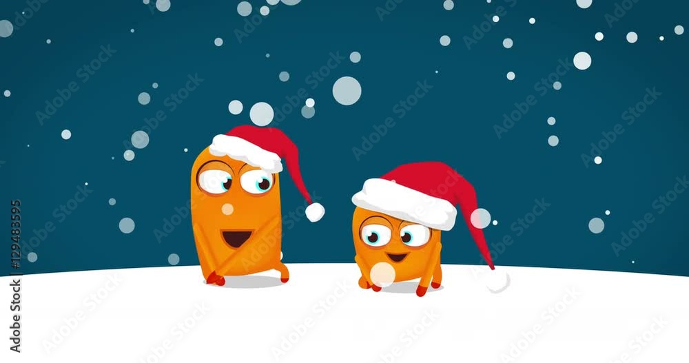 Two Upsies (Upsy character) dancing crazy funny Christmas dance. Snowy night and Merry Christmas! sign. 4k, ready to use as greeting video
