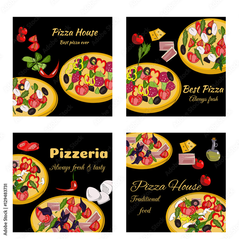Pizza design template. Square banners set. Pizzeria restaurant menu. Vector drawn banners.
