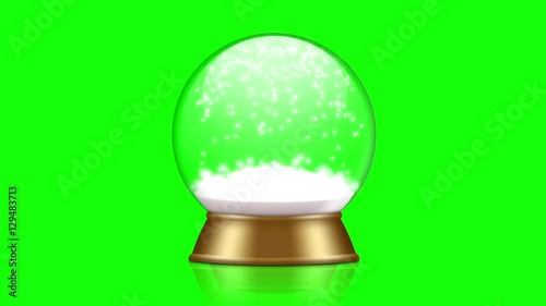 snowglobe animation with falling snow on a green background 