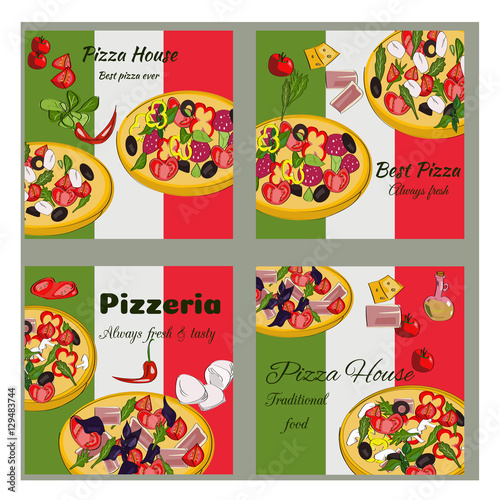 Pizza design template. Square banners set. Pizzeria restaurant menu. Vector drawn banners.