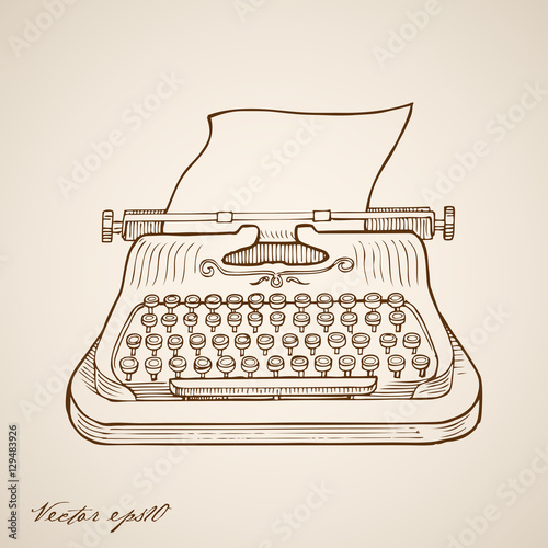 Engraving hand vector typewriter and sheet of paper in it