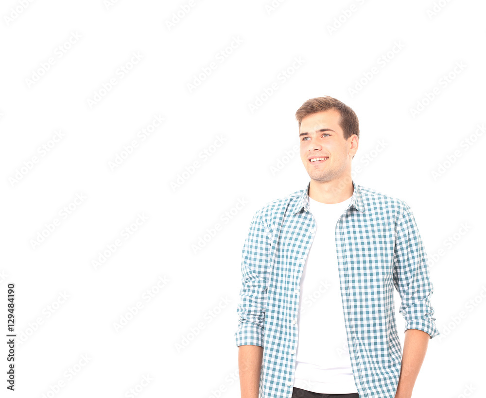 Happy young man. Portrait of handsome young man in casual shirt and smiling isolated on white background. Copy space Happy young man. Portrait of handsome young man in casual shirt and smiling isolated on white background. Copy space